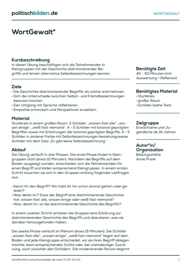 Arbeitsblatt: WortGewalt - Alternative Selbstbezeichnungen