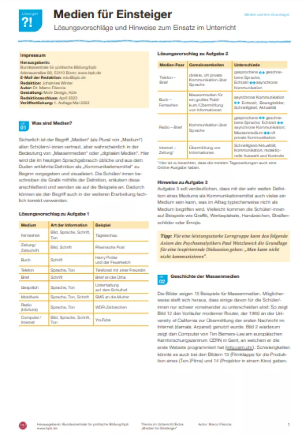 Unterrichtsbaustein: Medien für Einsteiger | Lehrerhandreichung