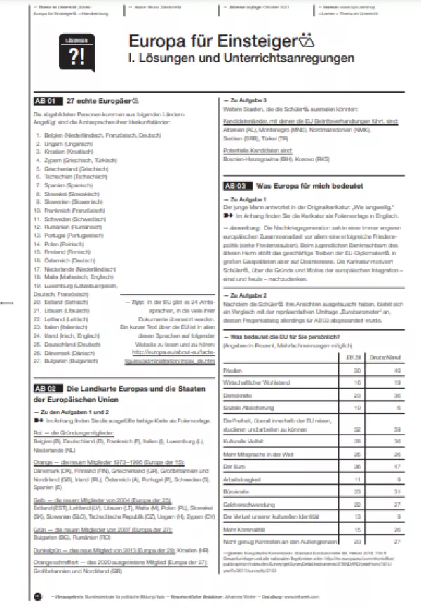 Unterrichtsbaustein: Europa für Einsteiger | Handreichungen für Lehrkräfte