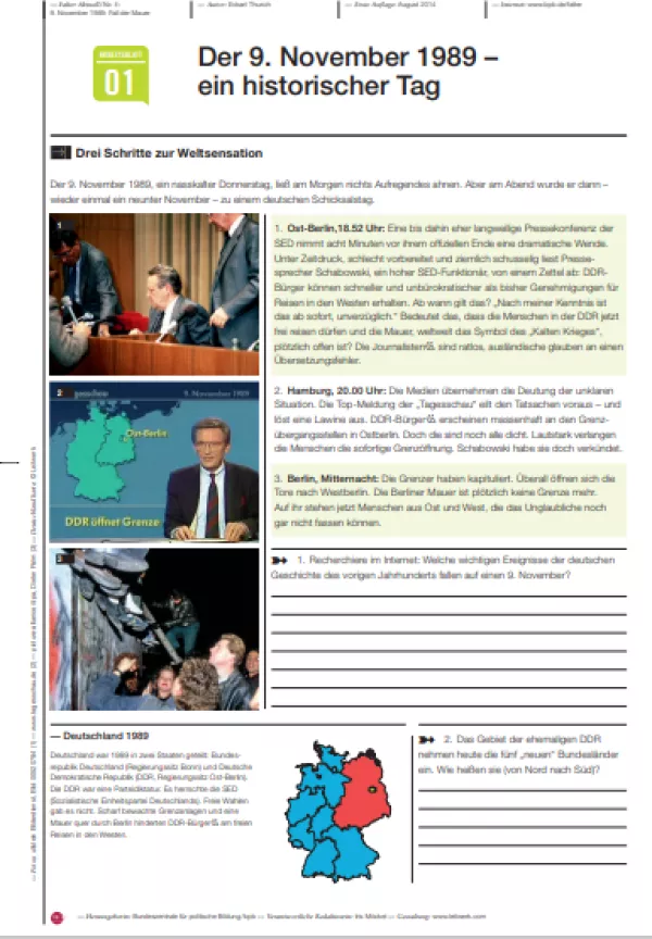 Arbeitsblatt: 9. November 1989: Fall der Mauer | Arbeitsblätter