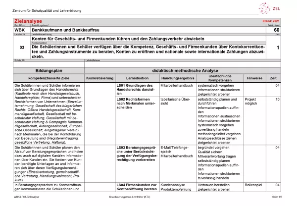 Unterrichtsplanung: Konten für Geschäfts- und Firmenkunden führen: Zielanalyse (PDF)