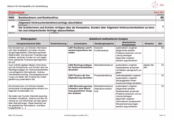 Unterrichtsplanung: Allgemein-Verbraucherdarlehensverträge abschließen: Zielanalyse (DOCX)