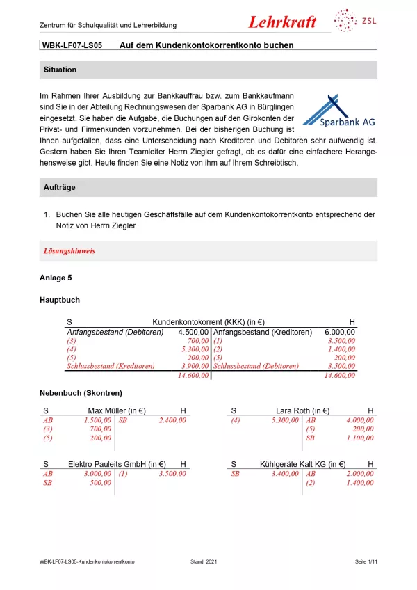 Unterrichtsbaustein: Auf dem Kundenkontokorrentkonto buchen (Version Lehrkraft; PDF)