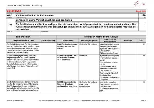 Unterrichtsplanung: Verträge im Online-Vertrieb anbahnen und bearbeiten: Zielanalyse (DOCX)