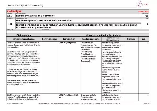 Unterrichtsplanung: Berufsbezogene Projekte durchführen und bewerten: Zielanalyse (PDF)