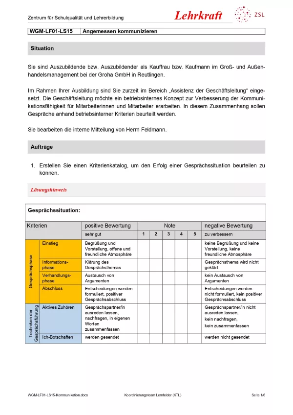 Unterrichtsbaustein: Das Unternehmen präsentieren: Angemessen kommunizieren (Version Lehrkraft; PDF)