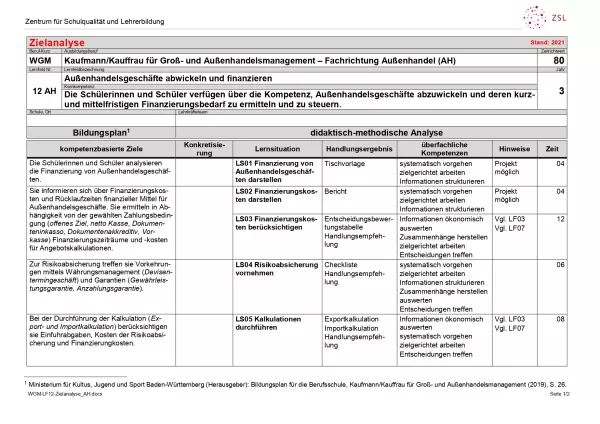 Unterrichtsplanung: Außenhandelsgeschäfte abwickeln und finanzieren: Zielanalyse (DOCX)