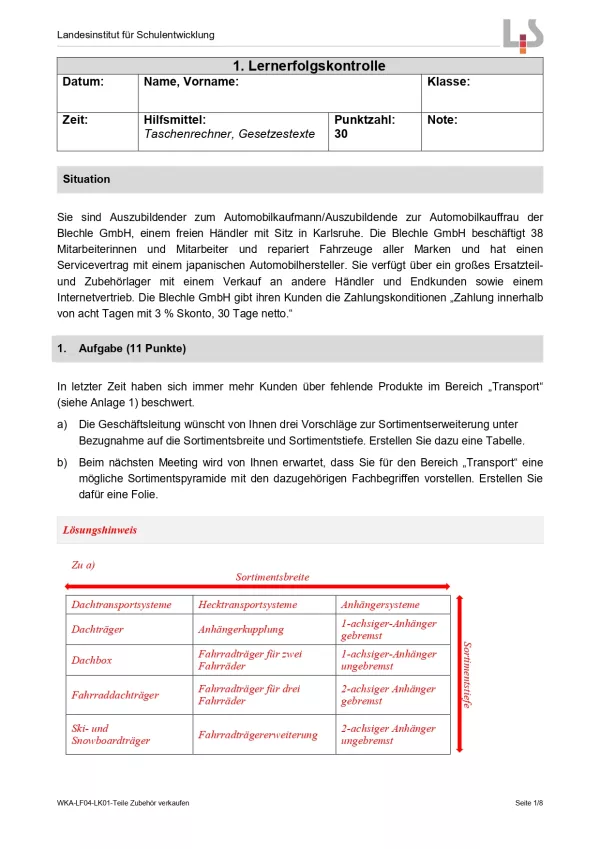 Lernkontrolle: Teile und Zubehör verkaufen: Lernerfolgskontrolle (Version Lehrkraft; PDF)