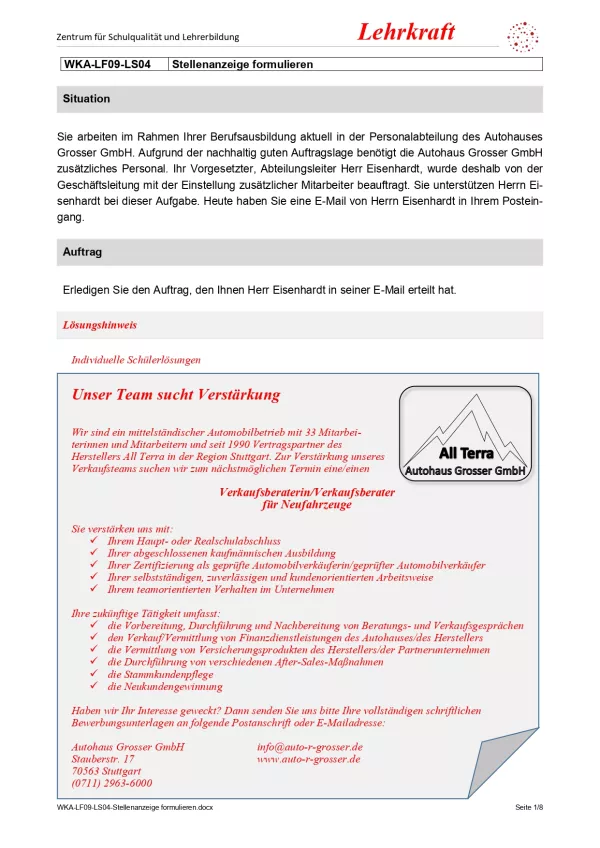 Unterrichtsbaustein: Stellenanzeige formulieren (Version Lehrkraft; PDF)