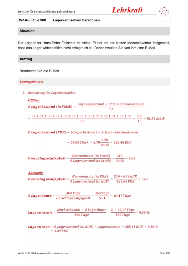 Unterrichtsbaustein: Lagerkennzahlen berechnen (Version Lehrkraft; PDF)
