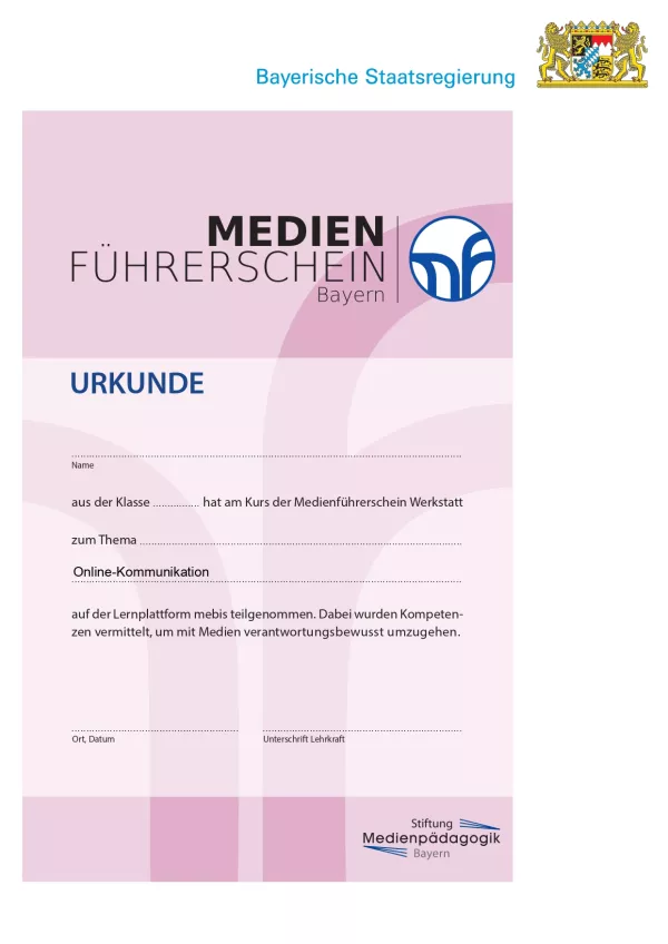 Text: Medienführerschein - Eingabemaske für Urkunde (mebis-Kurs)