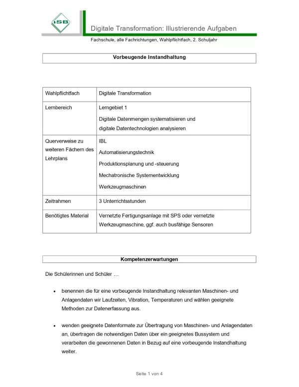 Unterrichtsplanung: Vorbeugende Instandhaltung