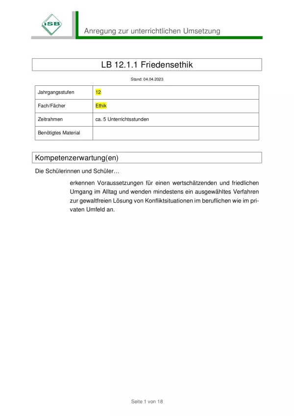 Unterrichtsbaustein: Friedensethik: Konflikte im Betrieb (PDF)