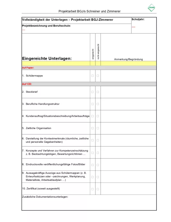 Unterrichtsbaustein: BGJ-Projektarbeit: Checkliste zur Vollständigkeit der Unterlagen (Vorlage)