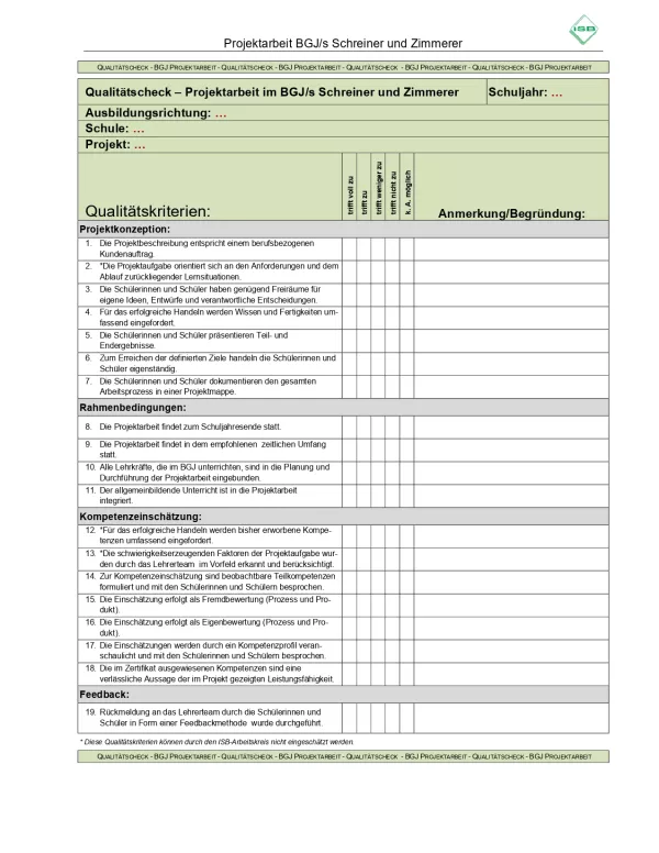 Unterrichtsbaustein: BGJ-Projektarbeit: Qualitäts-Checkliste (Vorlage)