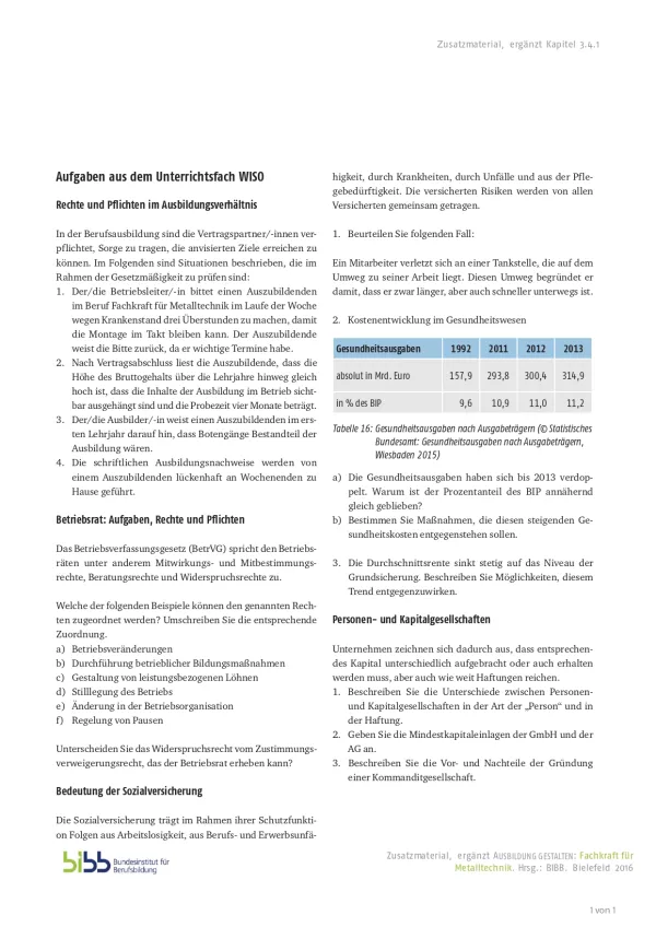 Unterrichtsplanung: Fachkraft für Metalltechnik: Beispielaufgaben WISO