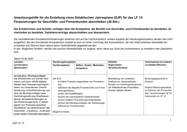 Unterrichtsplanung: Bankkaufmann/frau: Didaktischer Jahresplan Lernfeld 13