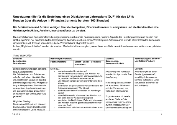 Unterrichtsplanung: Bankkaufmann/frau: Didaktischer Jahresplan Lernfeld 8
