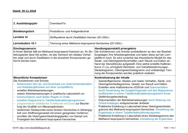 Unterrichtsplanung: Trennung eines Methanol-Isopropanol-Gemisches