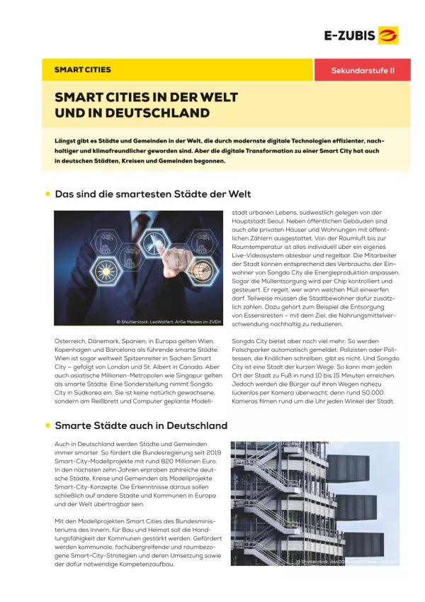 Arbeitsblatt: Smart Cities: vernetzt, digital, nachhaltig | Arbeitsblatt 3: Smart Cities in der Welt und in Deutschland