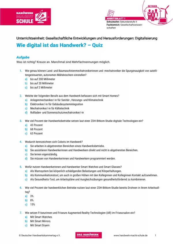 Arbeitsblatt: Gesellschaftliche Entwicklungen und Herausforderungen: Digitalisierung | Arbeitsblatt 1: Wie digital ist das Handwerk? Quiz