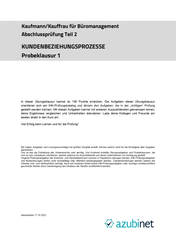 Test: Kaufmann/ Kauffrau für Büromanagement: Abschlussprüfung: Kundenbeziehungsprozesse (Probeklausur)