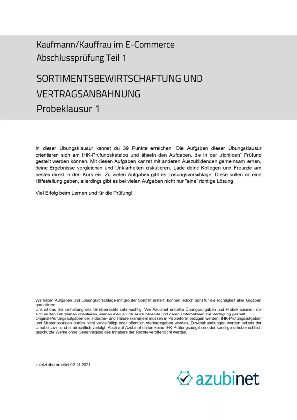 Test: Kaufmann/ Kauffrau im E-Commerce: Abschlussprüfung: Sortimentsbewirtschaftung und Vertragsanbahnung (Probeklausur)