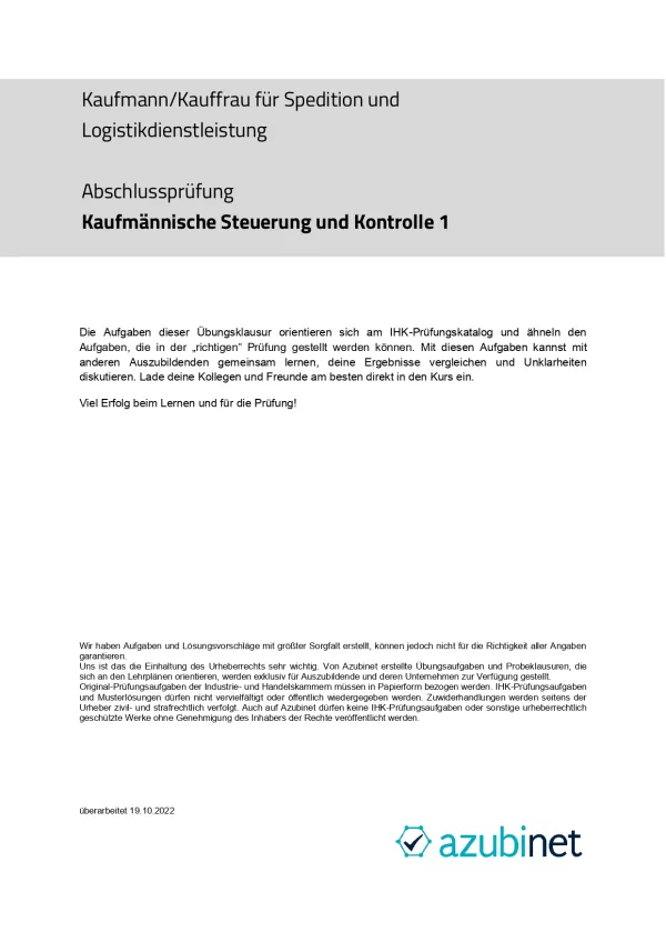 Test: Kaufmann/ Kauffrau für Spedition und Logistikdienstleistung: Zwischenprüfung (Probeklausur)