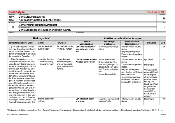 Unterrichtsplanung: Verkaufsgespräche kundenorientiert führen: Zielanalyse (DOCX)