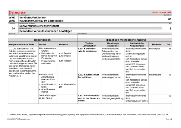 Unterrichtsplanung: Besondere Verkaufssituationen bewältigen: Zielanalyse (PDF)