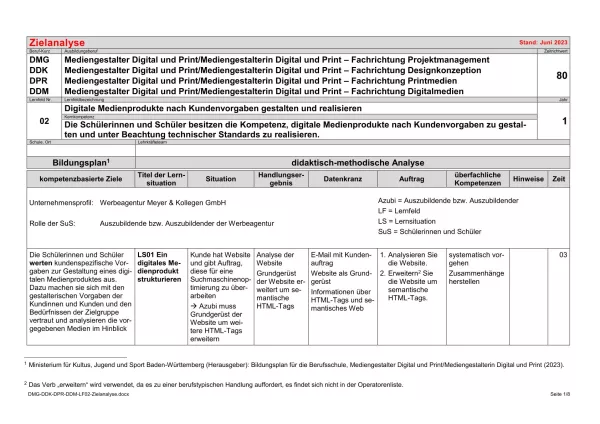 Unterrichtsplanung: Digitale Medienprodukte nach Kundenvorgaben gestalten und realisieren: Zielanalyse (PDF)