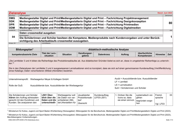 Unterrichtsplanung: Daten crossmedial ausgeben: Zielanalyse (PDF)