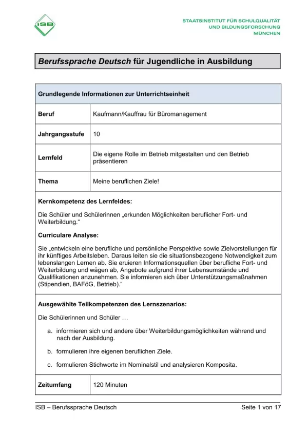 Unterrichtsplanung: Meine beruflichen Ziele (PDF)