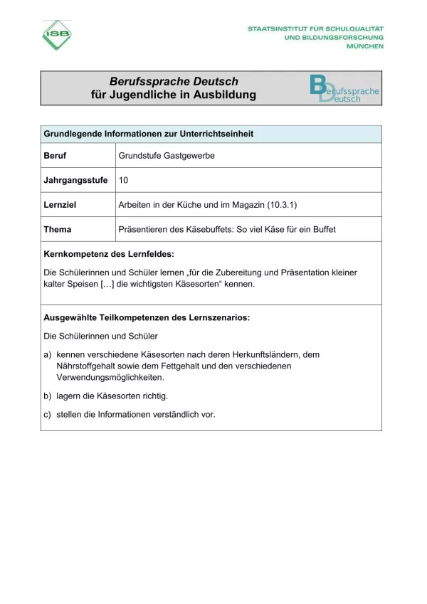 Unterrichtsplanung: Präsentieren des Käsebuffets (PDF)