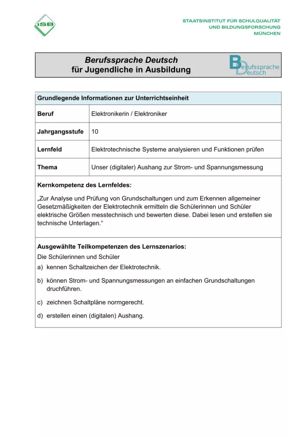 Unterrichtsplanung: Unser (digitaler) Aushang zur Strom- und Spannungsmessung (PDF)