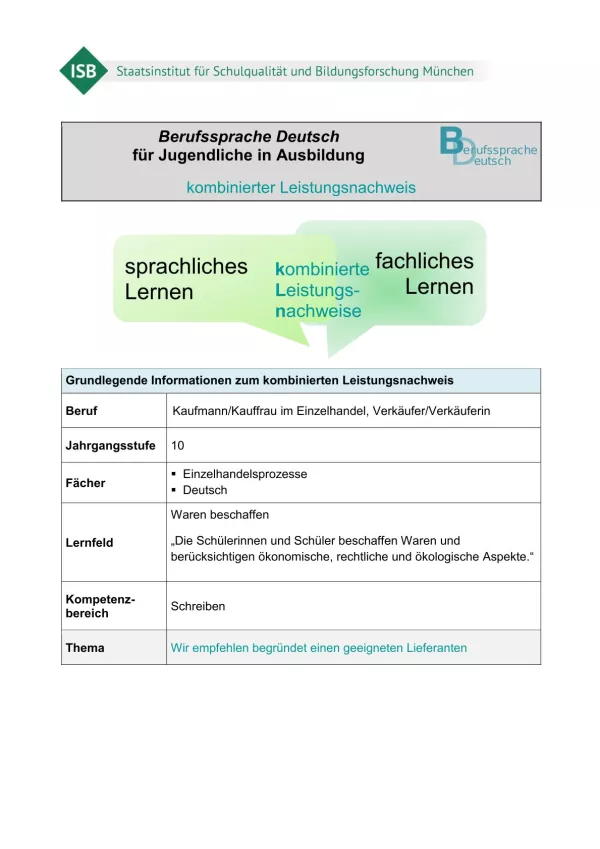 Lernkontrolle: Einen geeigneten Lieferanten empfehlen (kombinierter Leistungsnachweis, DOCX)