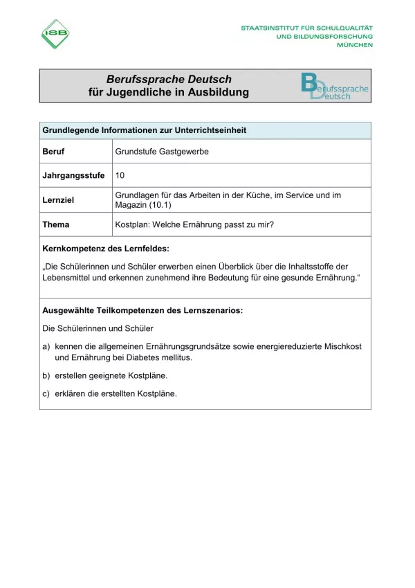 Unterrichtsplanung: Kostplan: Welche Ernährung passt zu mir? (DOCX)