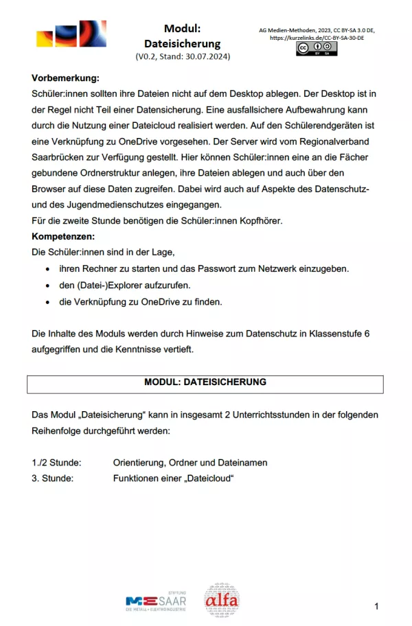 Unterrichtsplanung: Modul "Dateisicherung" - Unterrichtsverlauf