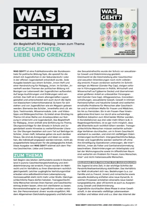 Broschuere: Ein Begleitheft für Pädagoginnen und Pädagogen zum Thema Geschlechter, Liebe und Grenzen