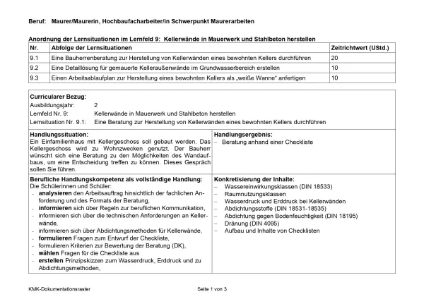 Unterrichtsplanung: Eine Bauherrenberatung zur Herstellung von Kellerwänden eines bewohnten Kellers durchführen (PDF)