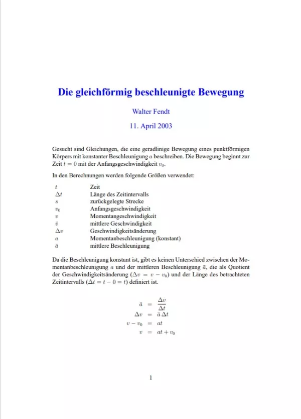 Text: Bewegung mit konstanter Beschleunigung (Text mit Formeln)