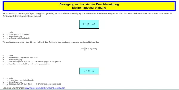 Text: Bewegung mit konstanter Beschleunigung (Mathematischer Anhang)