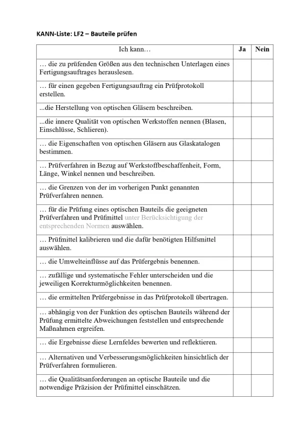 Lernkontrolle: Feinoptiker/in Lernfeld 2 Kann-Liste