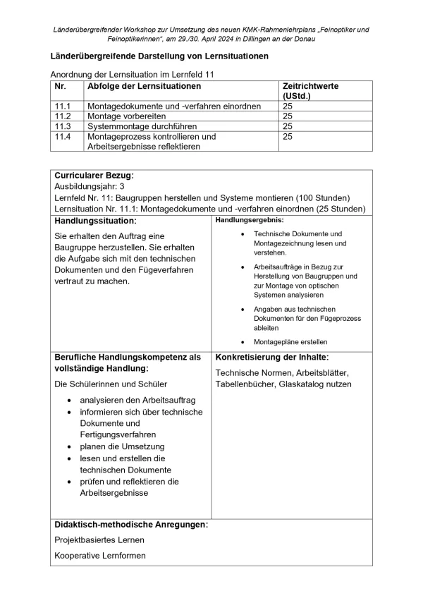 Unterrichtsplanung: Feinoptiker/in Lernfeld 11 Lernsituationen