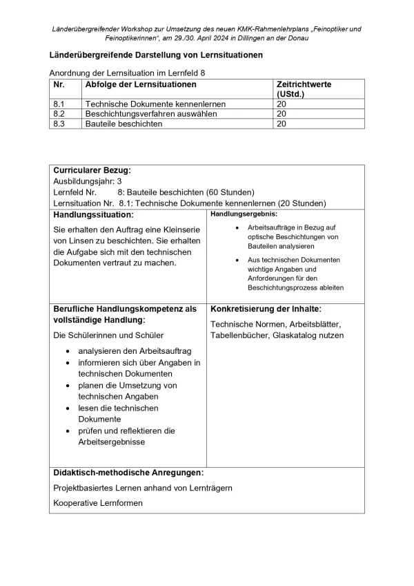 Unterrichtsplanung: Feinoptiker/in Lernfeld 8 Lernsituationen