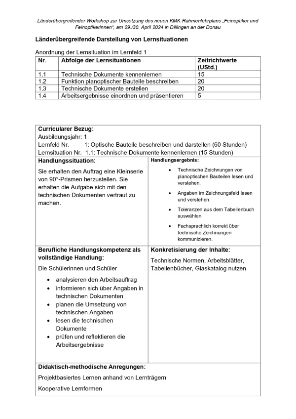 Unterrichtsplanung: Feinoptiker/in Lernfeld 1 Lernsituationen