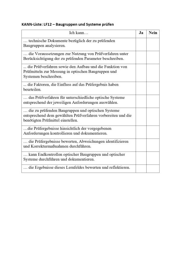 Lernkontrolle: Feinoptiker/in Lernfeld 12 Kann-Liste