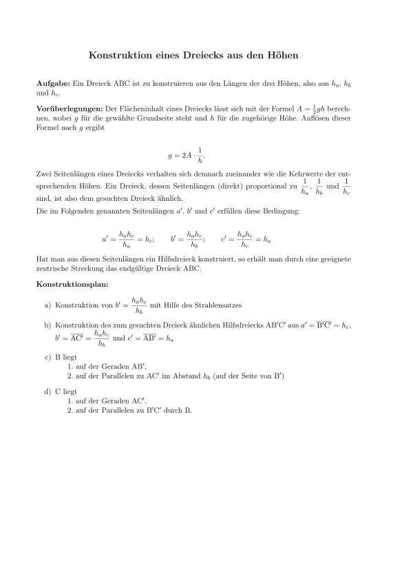 Arbeitsblatt: Konstruktion eines Dreiecks aus den Höhen