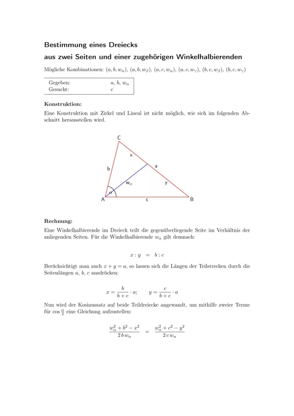 Arbeitsblatt: Dreieck aus zwei Seiten und einer zugehörigen Winkelhalbierenden
