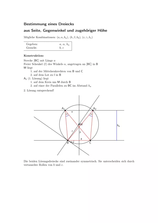 Arbeitsblatt: Dreieck aus Seite, Gegenwinkel und zugehöriger Höhe